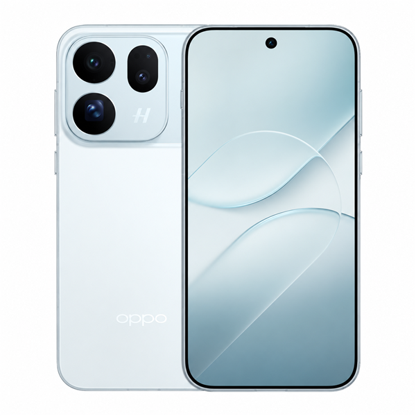 نمای جلو و پشت گوشی OPPO Find X10 آبی یخی با پس‌زمینه سفید