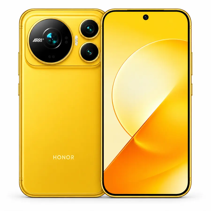 گوشی آنر Honor Magic 9 زرد، نمای جلو و پشت